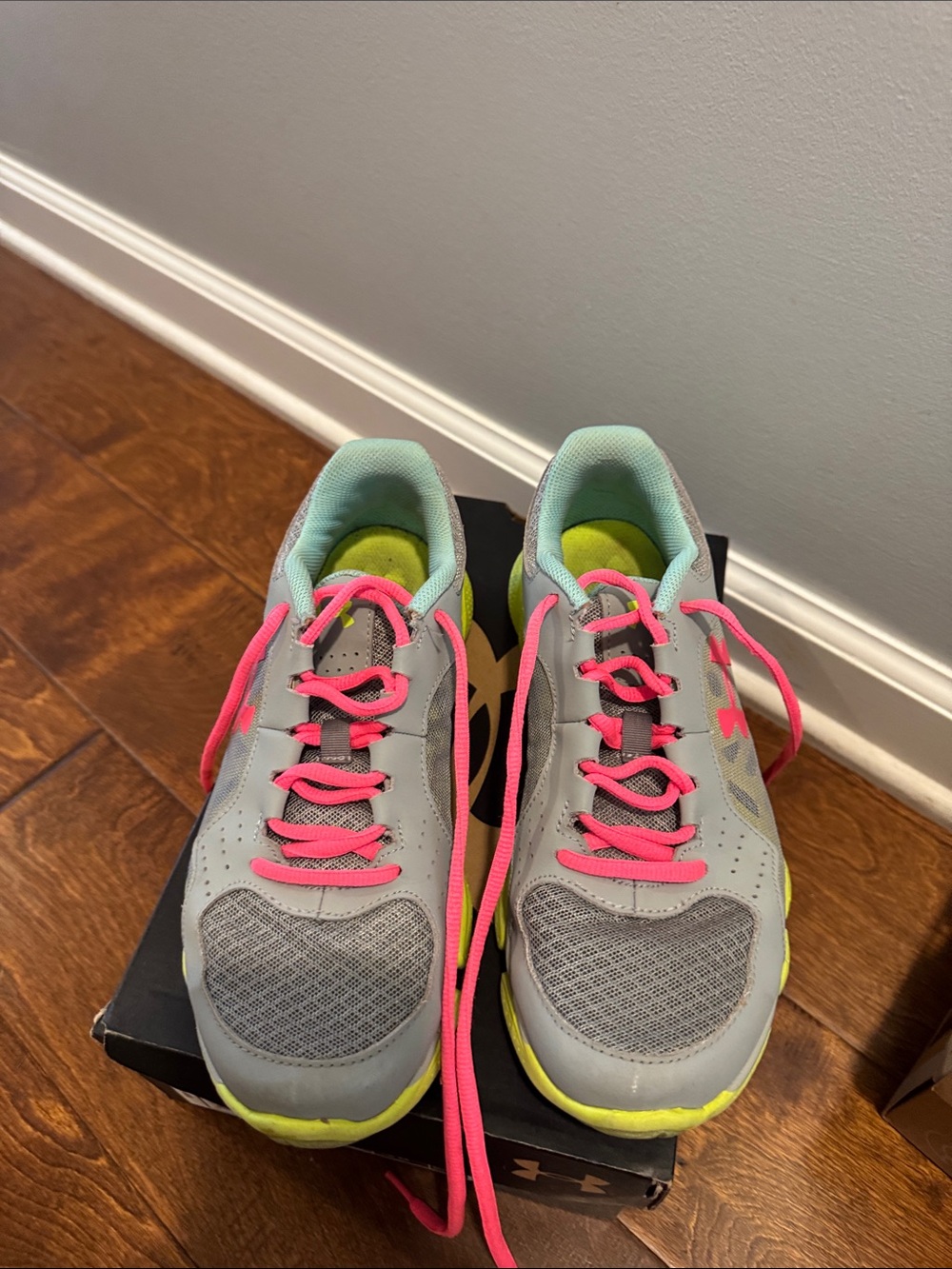 Under Armour Gray Athletic Shoes with Pink Laces and Lime Accents